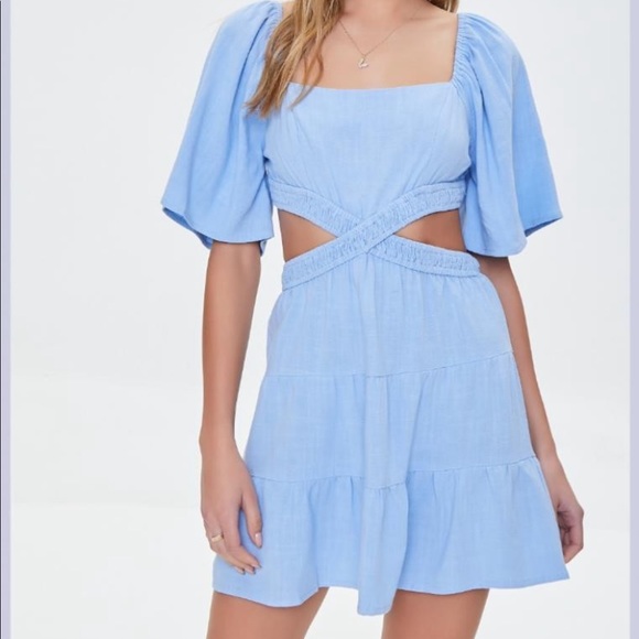 Forever 21 Cut Out Fit and Flare Linen Blend Dress Light Blue NWT — Large - Picture 5 of 8